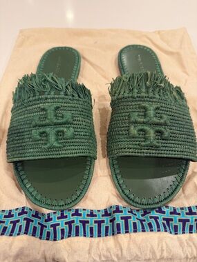 Tory Burch Dark Green Raffia Fringe Slide Sandals